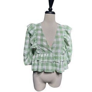 Olivaceous Short Puffy Sleeve Empire Ruffled Waist Gingham Blouse Size M